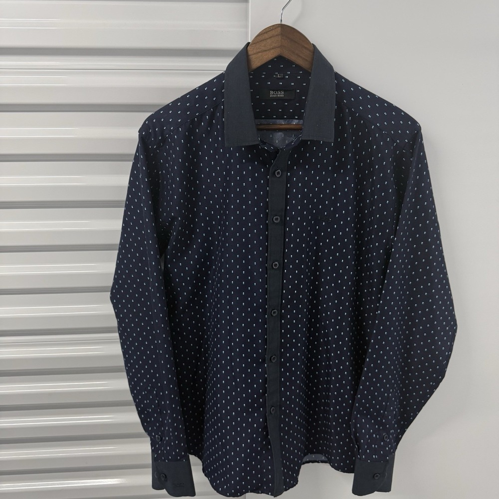 Hugo Boss Mens Large Button Up Shirt Blue Dot‎ Pattern Long Sleeve
